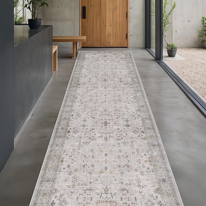 Boho Washable 10ft Long Runners for Hallways, Light Gray & Sage 2'6"x10' Wide Kitchen Runner Rug, Vintage Entryway Indoor Rug, Non-Slip Stain Resistant Low Pile Throw Rug