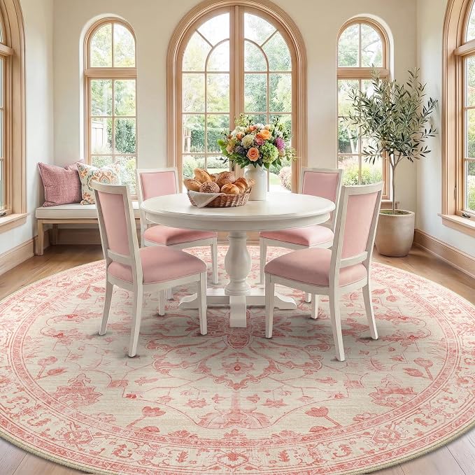 RELEANY Washable Area Rug, Round 8ft, Pink/Light Vintage Pink | Non-Slip, Water Repellent, Pet Friendly, Easy to Clean, Vintage Floral Boho Decor for Living Room Bedroom Dining Room