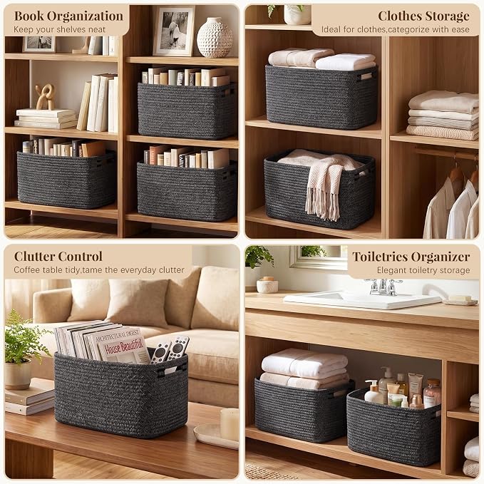 OIASKET 4Packs Natural Cotton Rope Storage Baskets for Organizing Toys, Clothes, Towels & Books, Soft Versatile Organizers for Shelves, Home Decorative Bins, 13''Lx9''Wx7.8''H, Black and White