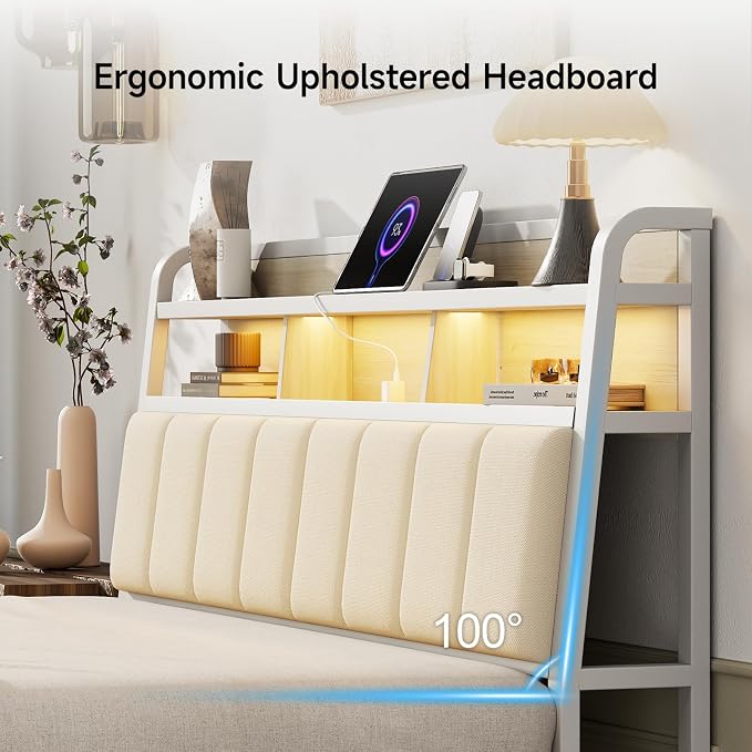 Queen Headboard Only with Storage, Charging Station, Off White | Upholstered Headboards for Queen Size Bed with LED Light, Height Adjustable, Sturdy and Stable Headboard