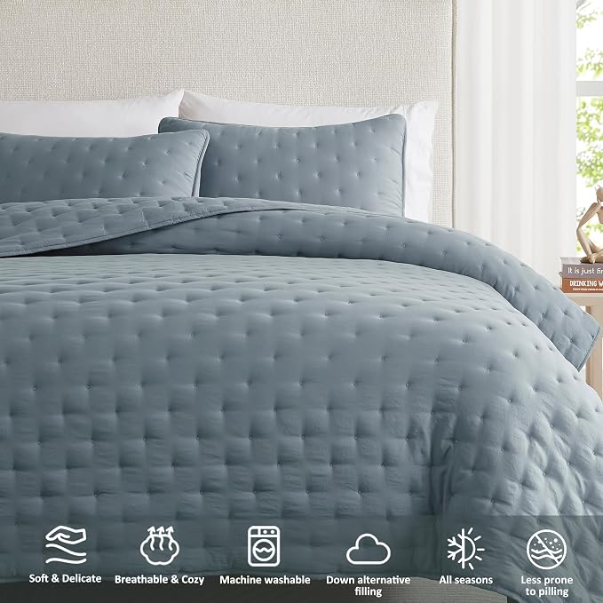 WDCOZY Dusty Blue Cloud California Cal King Size Quilt Bedding Sets with Pillow Shams, Oversized Puffy Cozy Lightweight Bedspread Coverlet, Soft Cute Bed Cover for All Season - 3 Pieces
