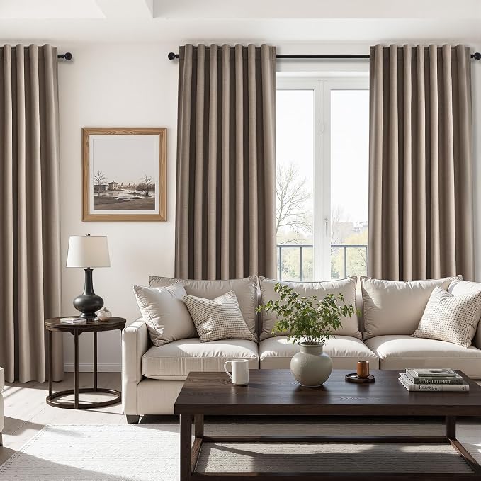 Topfinel 86 Inch Blackout Linen Curtains for Bedroom 2 Panels Memory Trained 100% Black Out Soundproof Room Darkening Back Tab Taupe Dark Flax Window Curtains Drapes