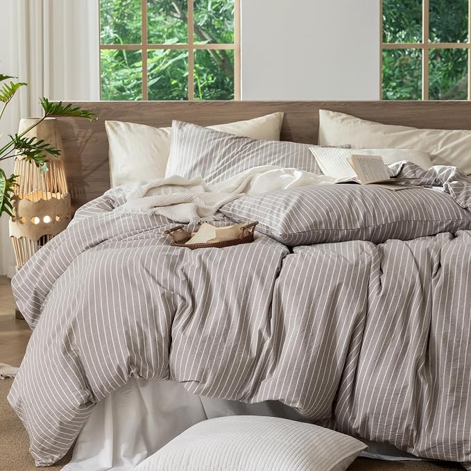 MooMee Striped Duvet Cover Set 100% Washed Cotton Linen Like Queen | Relaxed Linen-like Texture. Soft, Breathable & Long-lasting Comfort. Lightweight. Hidden Zipper with 8 Interior Corner Ties