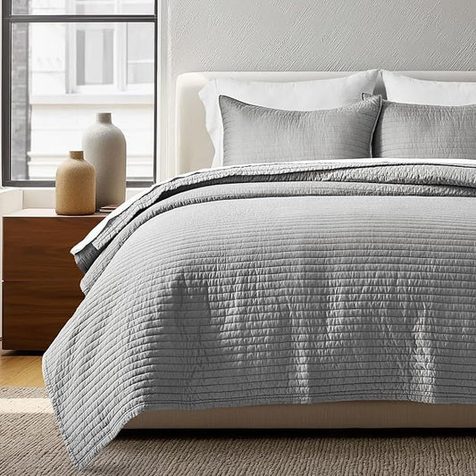 EVERGRACEHOME Cotton Sateen Quilt Set, King Size, Fog Gray | 100% Cotton, Channel Stitch Coverlet Bedspread, Pre-Washed Lightweight Soft Bedding Set for All Season, 3 Piece, with 2 Shams
