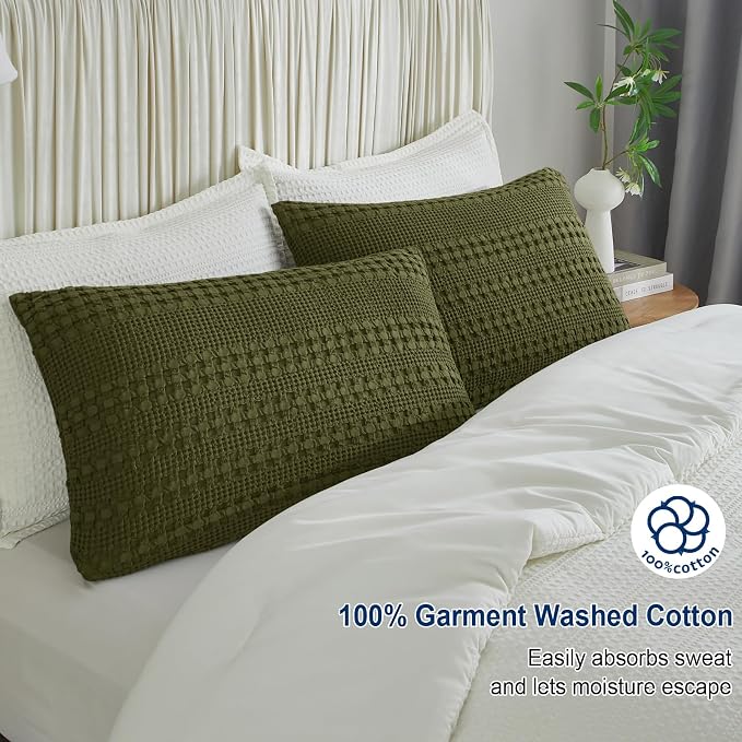 PHF 100% Cotton Waffle Pillow Shams Queen Size, 2 Pack 20" x 30" Soft Skin-Friendly Pillowcases, No Filling, Aesthetic Woven and Breathable Waffle Weave Pillow Case Covers for Bed, Capulet Olive