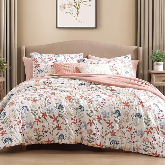 Queen Comforter Set - 7 Pieces Soft Floral Bed in a Bag Queen Bedding Sets | Clay Pink Botanical Flowers Comforter Set with Sheets, Pillowcases & Shams for All Seasons