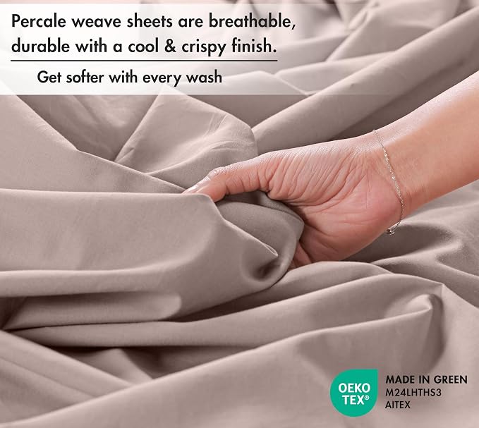 RUVANTI 100% Cotton Percale Sheets, California King, Warm Mocha | Crisp Cooling for Hot Sleepers, Deep Pocket 14", Soft Breathable & Durable, Hotel-Style 4 Piece Set