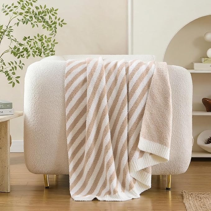 Snuggle Sac Ultra Soft Throw Blanket, Beige, 50"x60" | Reversible, Cozy Knitted, Fuzzy Knit Striped, For Couch, Sofa, Bed, Home Decor