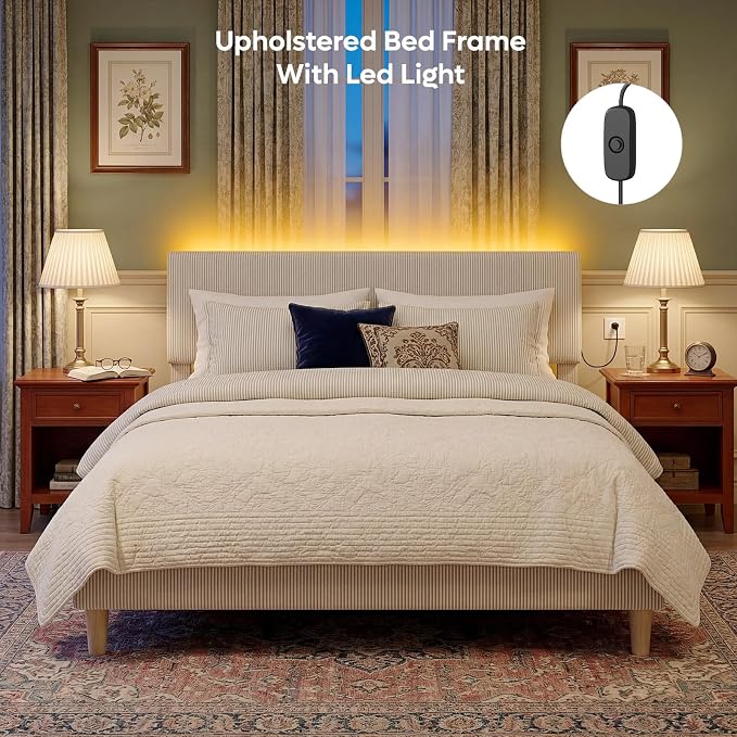 Bestier King Size Bed Frame with Headboard LED Lighting,Upholstered,Beige | Easy Assembly,LED Lighting Headboard,No Squeaks,Vertical Channel Corduroy Upholstered,Wood Slats Support,No Box Spring Needed