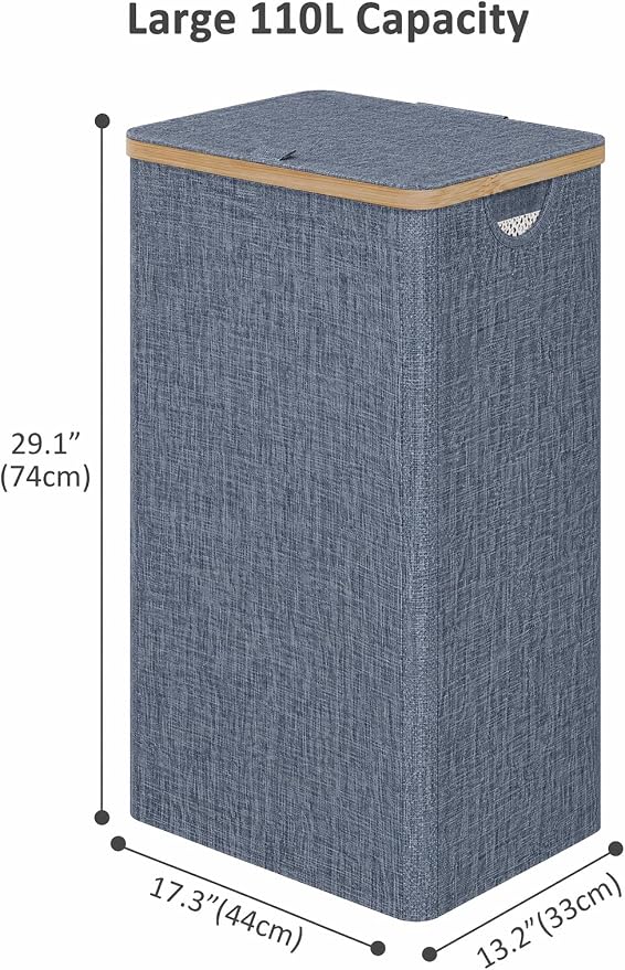 IEGrow Laundry Hamper with Lid,110L Laundry Basket with Mesh Bags,Blue | Dirty Clothes Hamper Basket with Bamboo Handle for Clothes Towels