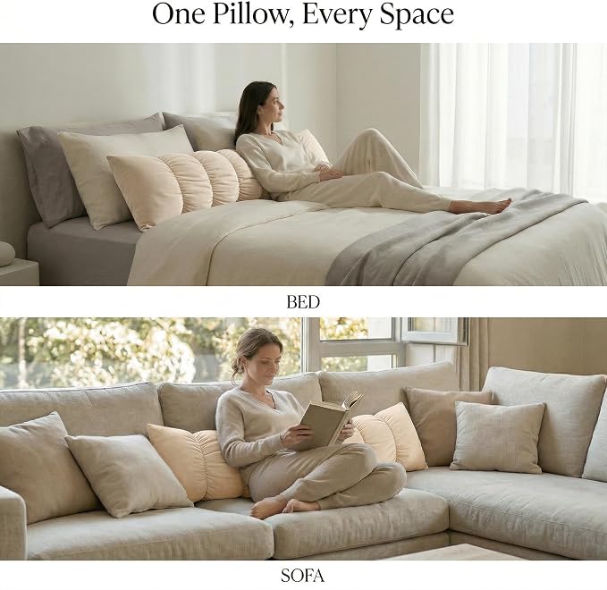Pat. Pend. Segmented Body Pillow for Side Sleepers, 47 Inch, Beige | Full body pillow for adults with a removable, washable soft velvet cover; long bed pillow design for side sleeping.