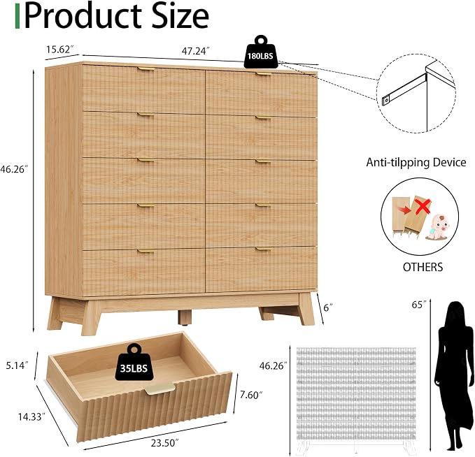 Fluted Dresser for Bedroom with 10 Drawers, 48" Wide Modern Chest of Drawers with Metal Handle, Wooden Dresser TV Stand, Wood Closet Clothes Storage Organizer for Living Room, Hallway, Natural Oak