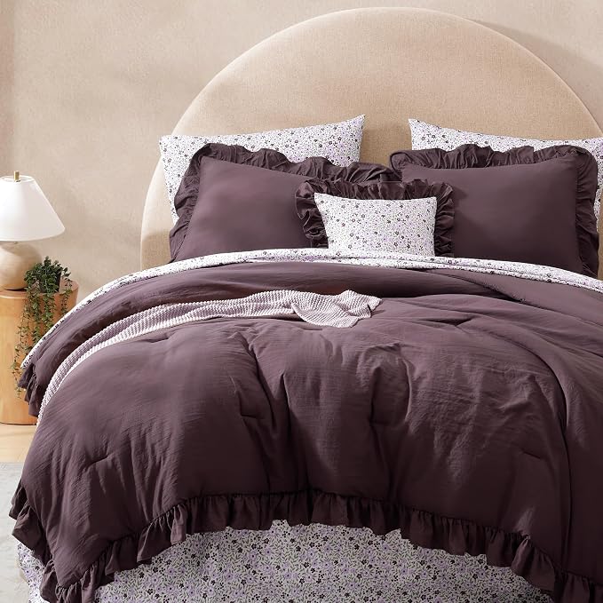 California King Comforter Set-7 Pieces Ruffle Bedding | Purple Bed in a Bag, Soft Lightweight All Season Farmhouse King Size Bedding Sets with Floral Sheets, Pillowcases & Shams