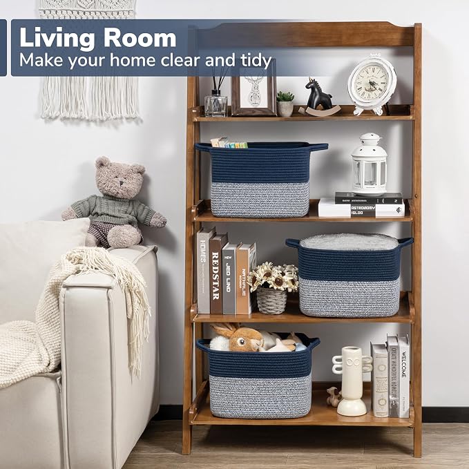 Goodpick Woven Storage Basket for Shelves, 13" x 10" x 9", Blue | Decorative Gift Basket for Nursery & Bedroom Organization, Cotton Rope Baskets for Books, Toys & Towels, Reinforced Handles