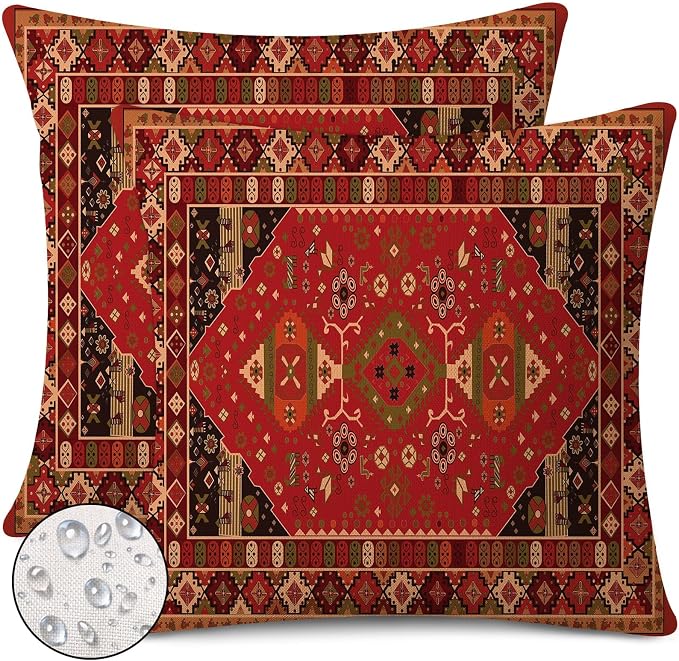 Outdoor Waterproof Pillow Covers 18X18 Inch Set of 2 Bohemian Vintage Carpet Pattern Pillow Covers Ethnic Design Decorative Farmhouse Cushion Case for Couch Red