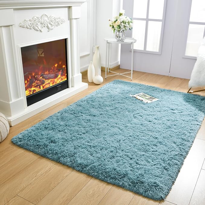Modern Soft Fluffy Large Shaggy Rug for Bedroom Livingroom Dorm Kids Room Indoor Home Decorative, Non-Slip Plush Furry Fur Area Rugs Comfy Nursery Accent Floor Carpet 4'x6' Turquoise Green