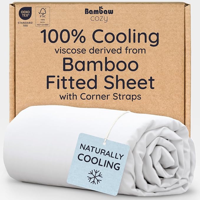 Bambaw 100% Viscose Derived from Bamboo Fitted Sheet Twin Size, 15’’ Deep Pocket Twin White Fitted Sheet Only, Cooling Fitted Sheet Twin Size, Breathable & Soft Fitted Sheet with Corner Straps (White)