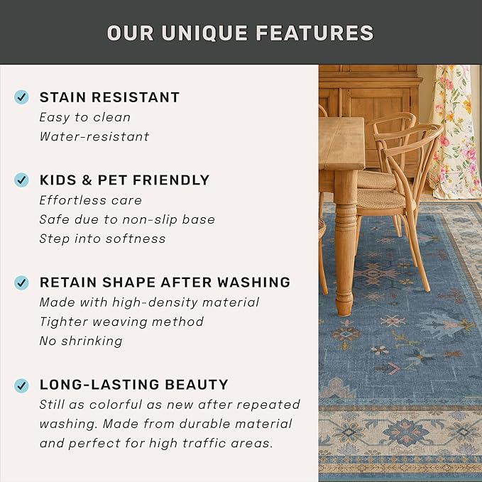 Vintage 3x12 Long Hallway Runner Rug - Blue Boho 3x12 Kitchen Floor Mat, Washable Low Pile Thin Carpet for Bedroom Bedside, Modern Eclectic Boho Design Décor
