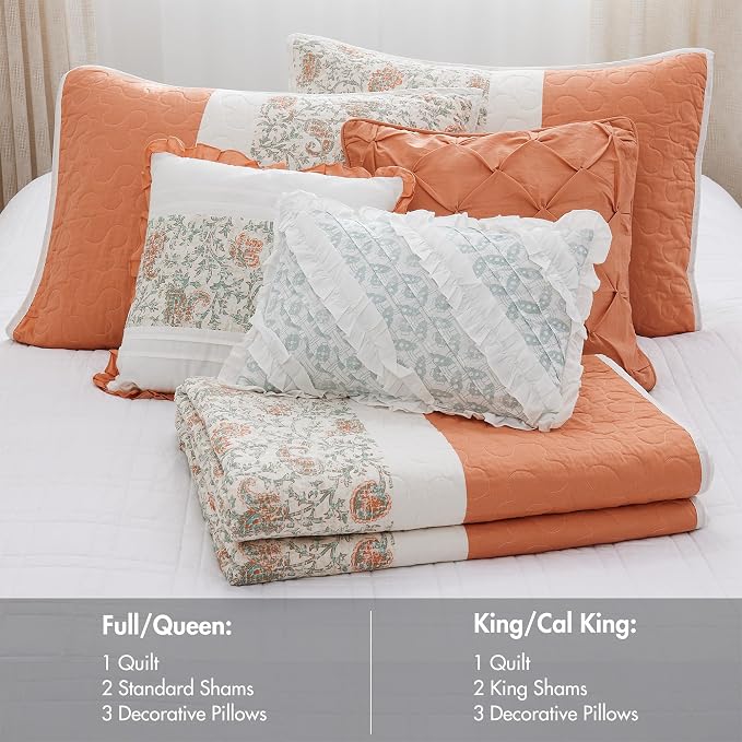 Madison Park 100% Cotton Quilt Set Floral Print, Double Sided Stitching, All Season, Lightweight Coverlet Shabby Chic Bedding Layer, Matching Shams, King/Cal King, Coral 6 Piece | Double-Sided Stitching Floral Design, All Season, with Shams, Bed Skirt,...