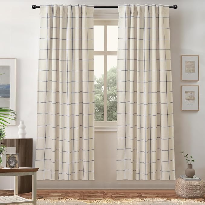 DriftAway 100% Blackout Plaid Curtains 72 Inches Long 2 Panels Navy Blue | 100% Blackout, Linen Texture, Plaid Pattern, Two Layers, Rod Pocket & Back Tab, Bedroom Living Room Use, Luxury Appearance