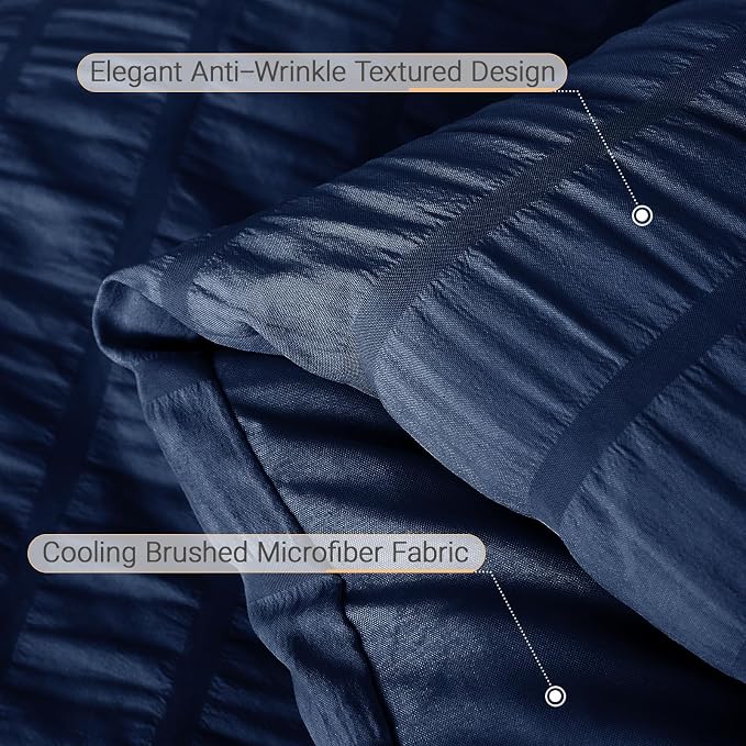 7 Pieces Full Comforter Set, Seersucker Bed in a Bag Full Size, All Season Luxury Bedding Set with Comforter, Flat Sheet, Fitted Sheet, Pillowcases & Shams, Navy Blue