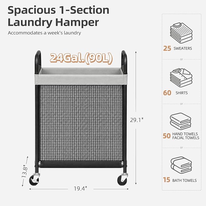 STORAGE MANIAC Rolling Laundry Hamper with Wheels 1-Section Laundry Sorter Rolling Laundrys Basket on Wheels with Removable Bag Clothes Hamper Laundrys Organizer Cart Bathroom Bedroom 90L Grey
