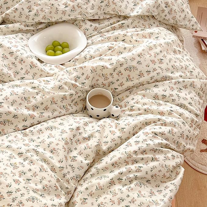mixinni Boho Floral Girls Duvet Cover Set King Size Soft Cotton Comforter Cover Set Farmhouse Shabby Chic Flower Duver Cover for Women, 1 Cute Floral Duver Cover and 2 Pillowcases for All Seasons