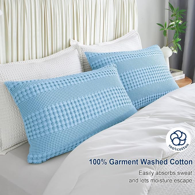 PHF Waffle Weave Pillow Shams Queen Size, 2 Pack 100% Cotton Pillowcases 20" x 30", No Insert, Soft & Breathable Aesthetic Woven Pillow Case Covers for Bedroom Decor, Sky Blue