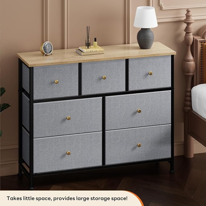 Sweetcrispy 7 Drawer Dresser for Bedroom Storage with Fabric Bins, Blue | Anti-Tip Closet Organizer, Wooden Top and Sturdy Steel Frame, Spacious Drawers for Clothes Storage, Hallway Entryway