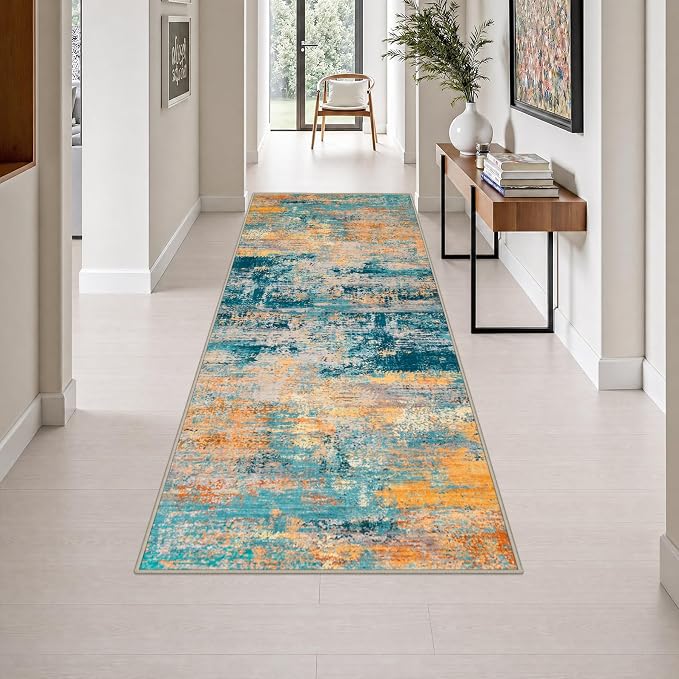 3x8 Washable Runner Rug：Modern Abstract Soft Carpet Rosy Haze | For Hallway, Bedroom, Kitchen, Laundry, Bathroom,Door Mat,Modern Abstract,Machine washable,Non-Slip,Stain Resistant,Indoor