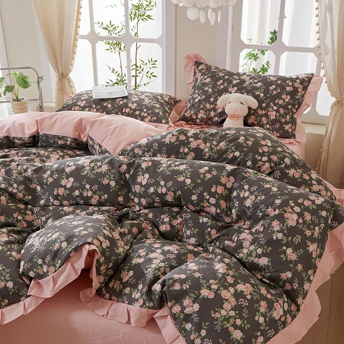 mixinni Vintage Floral Duvet Cover Set King Size – 100% Cotton Ruffle Lace Bedding, Pink Rose Flower and Green Leaf Print, Reversible Stripes Pattern, Grandmillennial Cottagecore Aesthetic 3Pcs