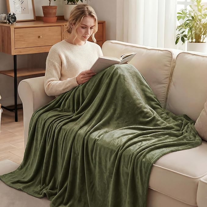 Exclusivo Mezcla Soft Fleece Throw Blanket for Couch, Olive Green | 50x60 Inches, Double-Sided Brushed Flannel, Lightweight Plush Cozy Blanket for Home Decor, All Season, Machine Washable