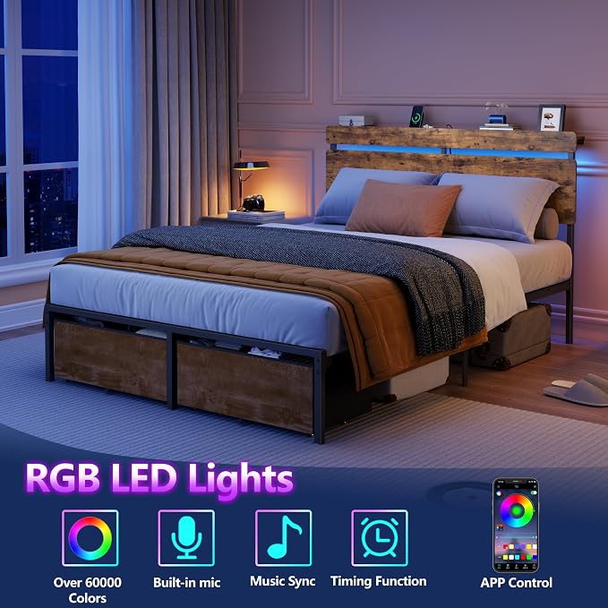 Forestell Full Size Bed Frame with Wood Headboard,2 Storage Drawers & Shelf | Built-in Charging Station & LED Lights, Metal Support, No Box Spring Needed, noise-free, easy assembly, Smart RGB, USB+Type-C