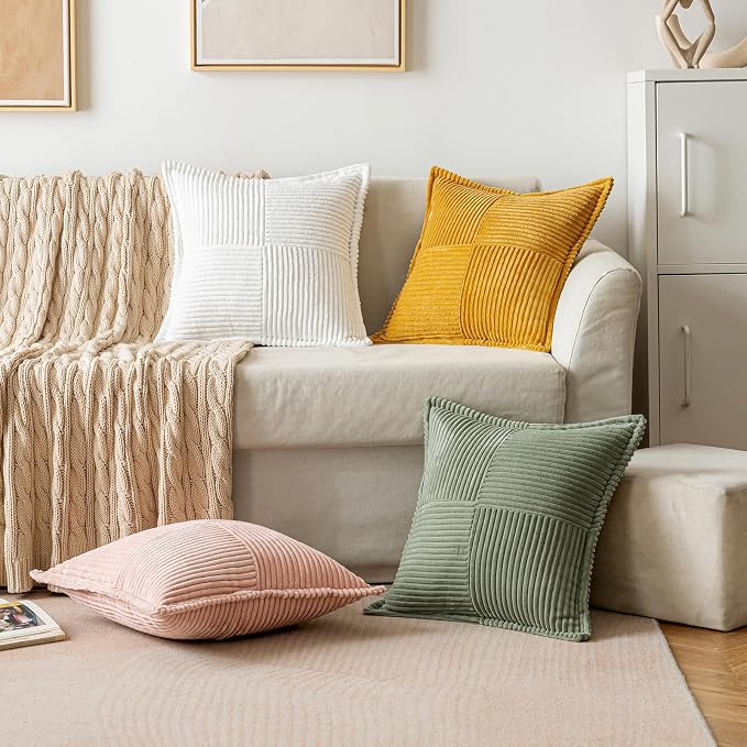 MIULEE Decorative Throw Pillow Covers for Couch 16x16 Light Olive Green | 2 Pack, Boho Broadside Striped Patchwork Pillow Covers, Soft Corduroy Cushion Cases, For Sofa Bed Livingroom Home Decor