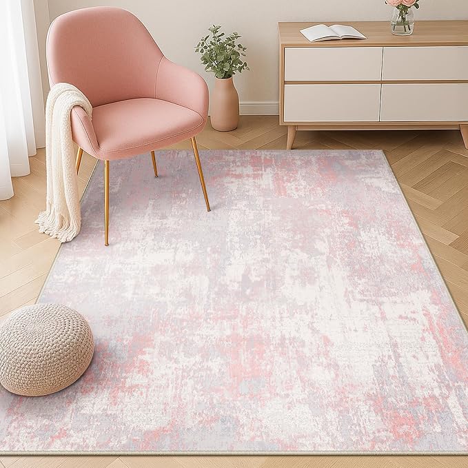 RELEANY Washable 3'x5' Abstract Area Rug for Living Room Gray Pink | Carpet for Bedroom, Kitchen, Office, Hallway and Entryway, Printed Pattern, Non‑Slip, Soft, Stain‑Resistant, Easy to Clean