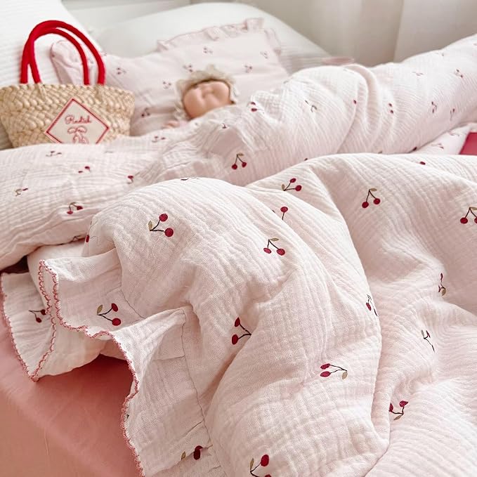 Crib Bedding Duvet Cover for Boys Girls Cotton Muslin Baby Crib Duvet Cover Nursery Bed Decoration Gift, 47"x59", Cherry Print (No Pillowcases)