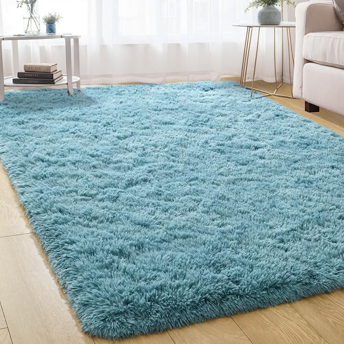 Modern Soft Fluffy Large Shaggy Rug for Bedroom Livingroom Dorm Kids Room Indoor Home Decorative, Non-Slip Plush Furry Fur Area Rugs Comfy Nursery Accent Floor Carpet 4'x6' Turquoise Green