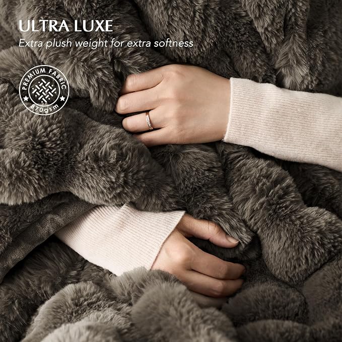 EverGrace Faux Rabbit Fur Bubble Throw Blanket, 50"x60", Dark Taupe | Ultra Soft, Luxury Faux Rabbit Fur Throw, Thick Warm Bubble Blanket, Cozy Fluffy Reversible, for Bed, Couch, Chair, Sofa