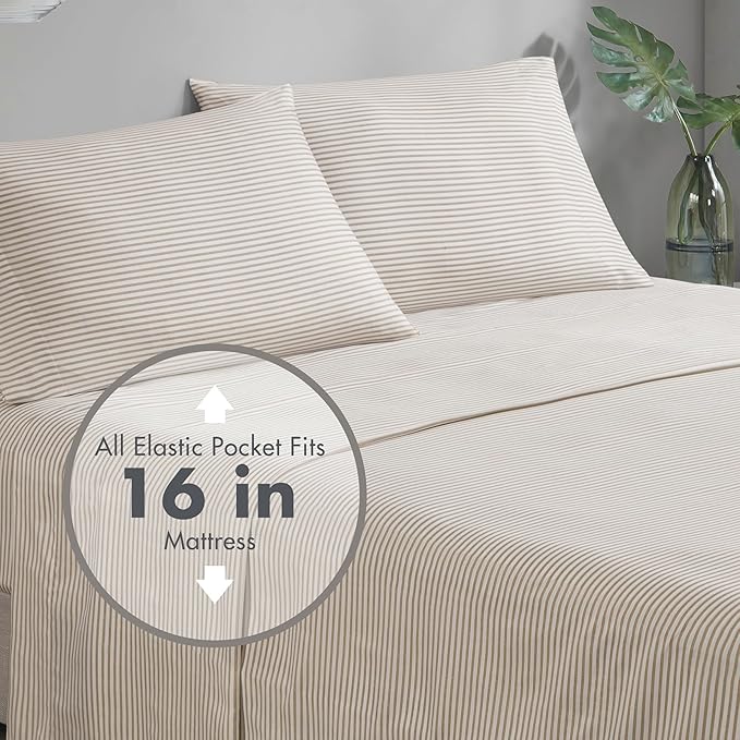 Madison Park Essentials Full Comforter Set, Bed in A Bag Comforter & Sheet Set, Modern Casual Stripes Print, All Seasons, Soft Microfiber Bedding Makeover, Matching Shams, Full Taupe/Grey 7 Piece