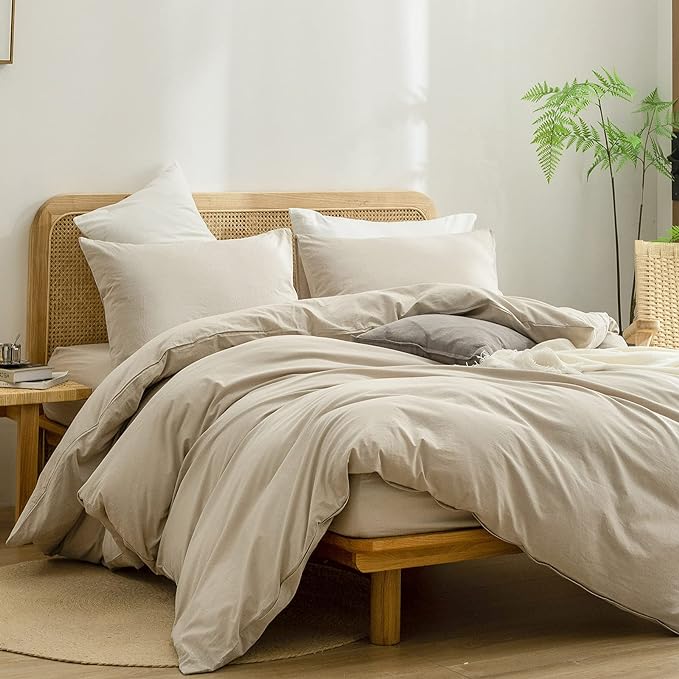 BESTOUCH Cotton Solid Duvet Cover Set Almond Milk Grey Oversized Queen | 100% Washed Cotton, Soft Wrinkle Texture, Hidden Zipper, 8 Ties, Breathable Lightweight Durable Comfy, 3 Pcs No Insert