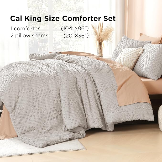 Litanika California King Comforter Set, 3 Pcs Tufted Boho Bedding Set | Linen Grey Farmhouse Shabby Chic Vintage Bohemian Textured Aesthetic Soft Fluffy Lightweight Breathable All Season Bed Set