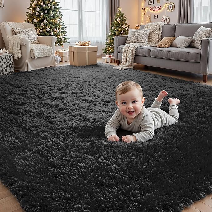 4x6 Fluffy Shag Area Rugs for Living Room Bedroom: Soft Plush Carpet Black | Upgraded Non-Slip Thick Memory Foam, Ultra Soft, Non-Shedding Fuzzy Carpet, Easy Clean Decor for Kids Room, Nursery, Playroom
