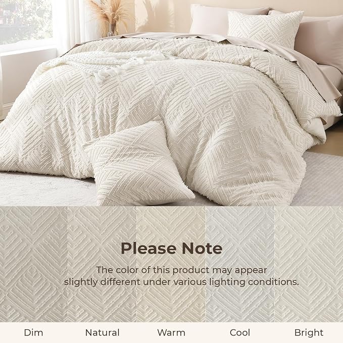 Litanika Full Size Comforter Set, 3 Pieces Beige Tufted Boho Bedding Set | Farmhouse Shabby Chic Vintage Bohemian Textured Aesthetic Soft Fluffy Lightweight Breathable All Season Bed Set for Full Bed