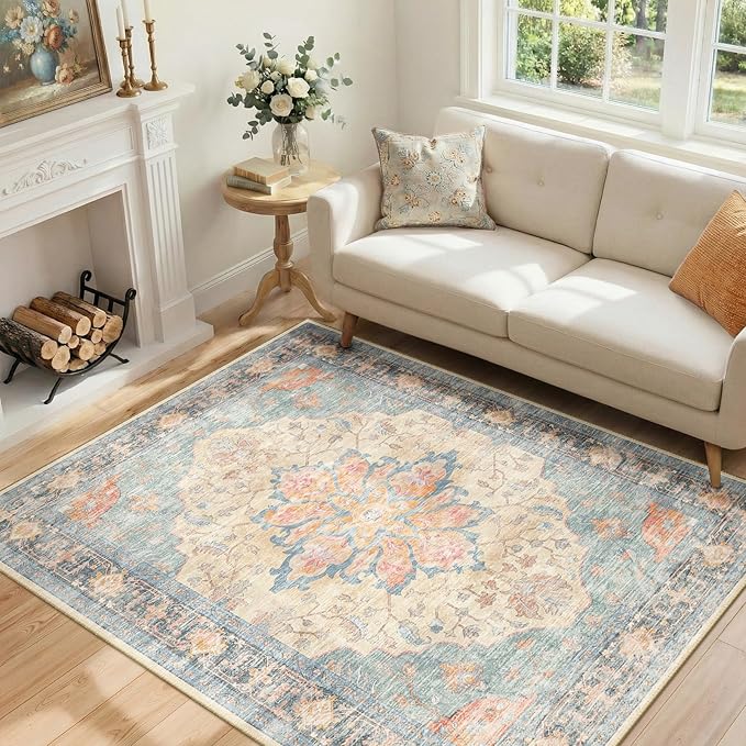 RELEANY Washable Area Rug, 4'x6', Blue/Orange/Red | Non-Slip, Water Repellent, Pet Friendly, Easy to Clean, Vintage Floral Boho Decor for Living Room Bedroom Kitchen Office