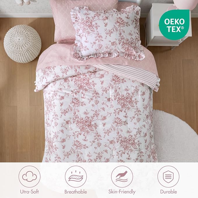 Madison Park Essentials Pink Floral Comforter Set with Sheets Twin XL,5pc | Reversible, Elegant College Dorm Bedding, Ruffle Bed in a Bag, All Season, Machine Washable, Wrinkle Resistant, Ultra Soft