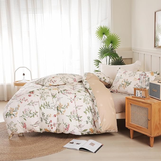 OAITE Queen Duvet Cover Set 3pcs 100% Cotton with Wildflower Botanical | Soft, Breathable,Long-lasting,Comfort,Hidden Zipper,8 Corner Ties,Easy Care for All Season