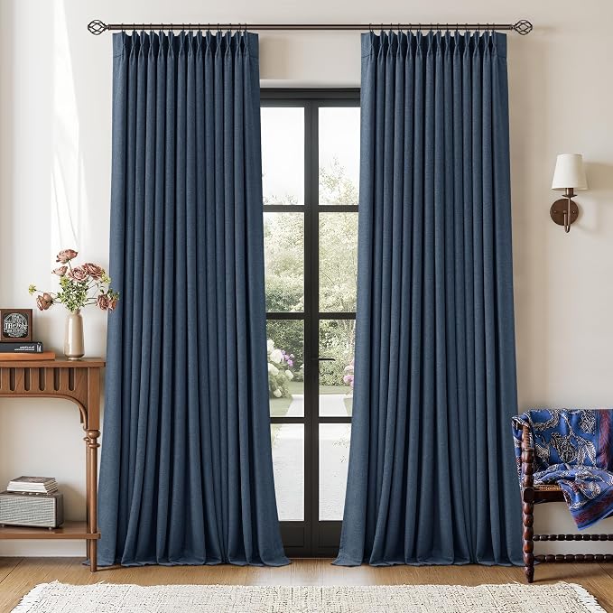 Navy Blue 108 Inch Pinch Pleated Blackout Linen Bedroom Curtains 2 Panels | Memory Trained Drapes with Liner, Soundproof Room Darkening, Pinch Pleat with Hooks Rings, Navy Blue, for Bedroom Dining Room