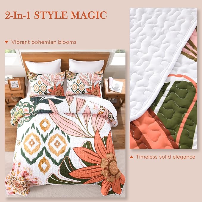 Andency Quilt Queen Size, Pink Floral Boho Summer Bedspread 3 Pieces | Blush Flower Botanical Summer Bedspreads with 2 Shams, Reversible Polyester Coverlet Set for All Seasons, 96"x90"