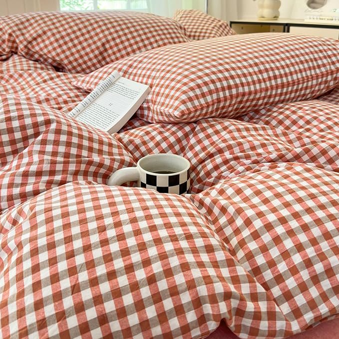 LifeTB Queen Comforter Set Modern Style Red Orange Gingham Comforter Lightweight Plaid Checkered Pattern Comforter Soft Fluffy Gingham Bedding Set Farmhouse Grid Plaid Comforter Set Queen