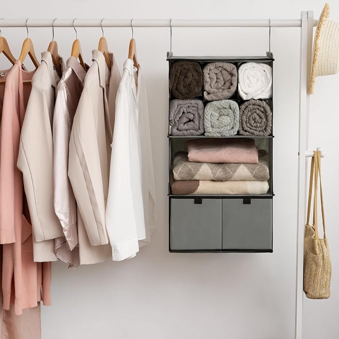 GRANNY SAYS 4-Shelf Hanging Closet Organizer with Drawer, Foldable Storage | Dividers Closet Hanging Organizer, No-Sag Support, Keeps Clothes Neat, Folds Flat, Fits RV, Dorm & Small Closets, Grey